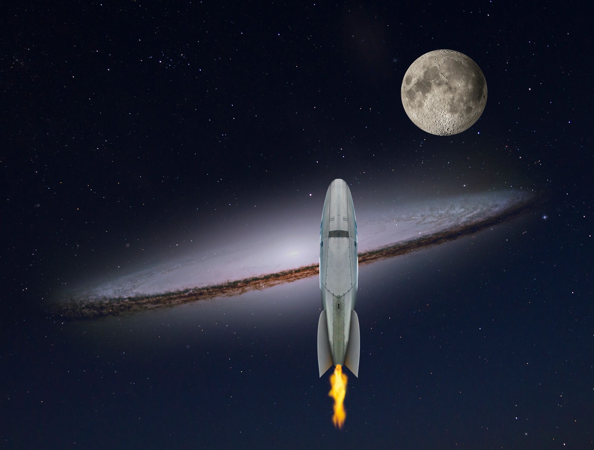 Conceptual image of rocket ship and moon in